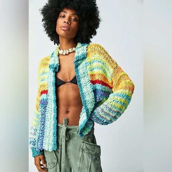 NWOT Free People Beach Market Cardigan Rainbow Loose Chunky Knit Small - Picture 1 of 12